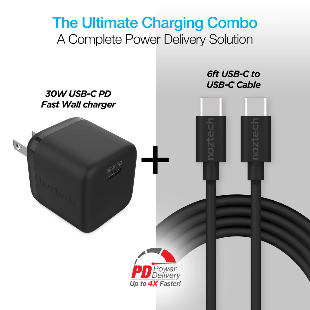 Naztech 30W PD Wall Charger + USB-C to USB-C Cable 6Ft for Traveling