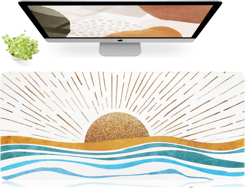 Large Gaming Mouse Pad, Non-Slip Rubber Base Water-Resistant Mousepad Desk Mat for Computer Keyboard, 35.4" X 15.75" Extended Desk Pad with Stitched Edges for Office Gaming, Golden Sun & Sea