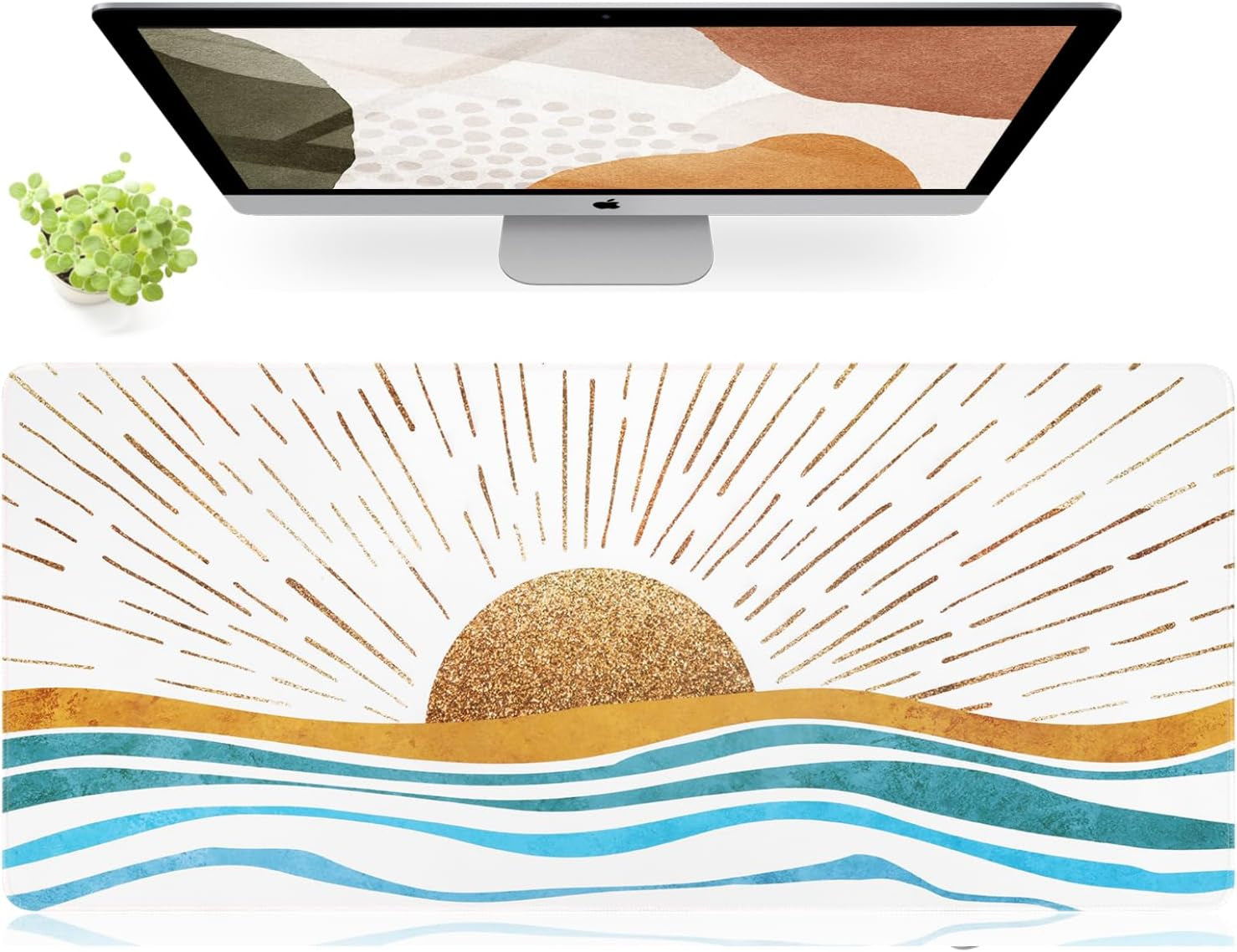 Large Gaming Mouse Pad, Non-Slip Rubber Base Water-Resistant Mousepad Desk Mat for Computer Keyboard, 35.4" X 15.75" Extended Desk Pad with Stitched Edges for Office Gaming, Golden Sun & Sea