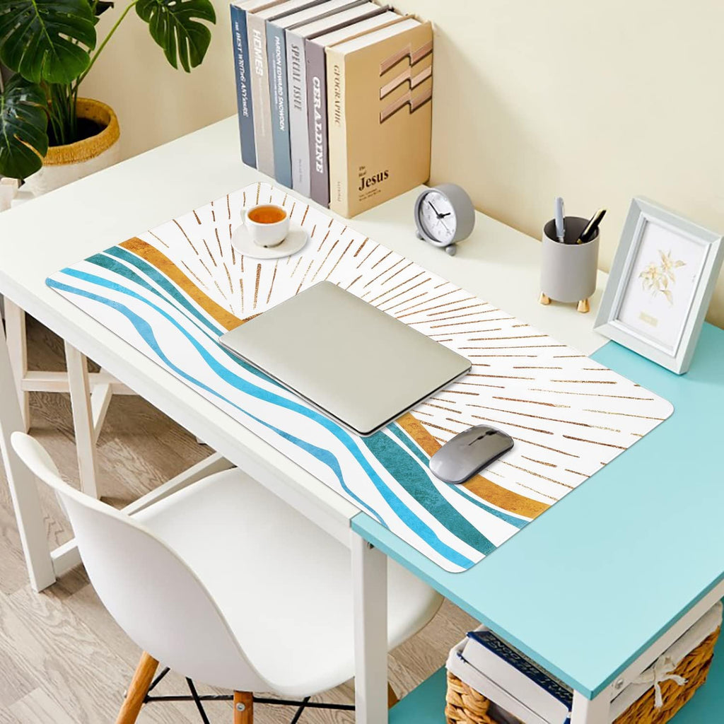 Large Gaming Mouse Pad, Non-Slip Rubber Base Water-Resistant Mousepad Desk Mat for Computer Keyboard, 35.4" X 15.75" Extended Desk Pad with Stitched Edges for Office Gaming, Golden Sun & Sea