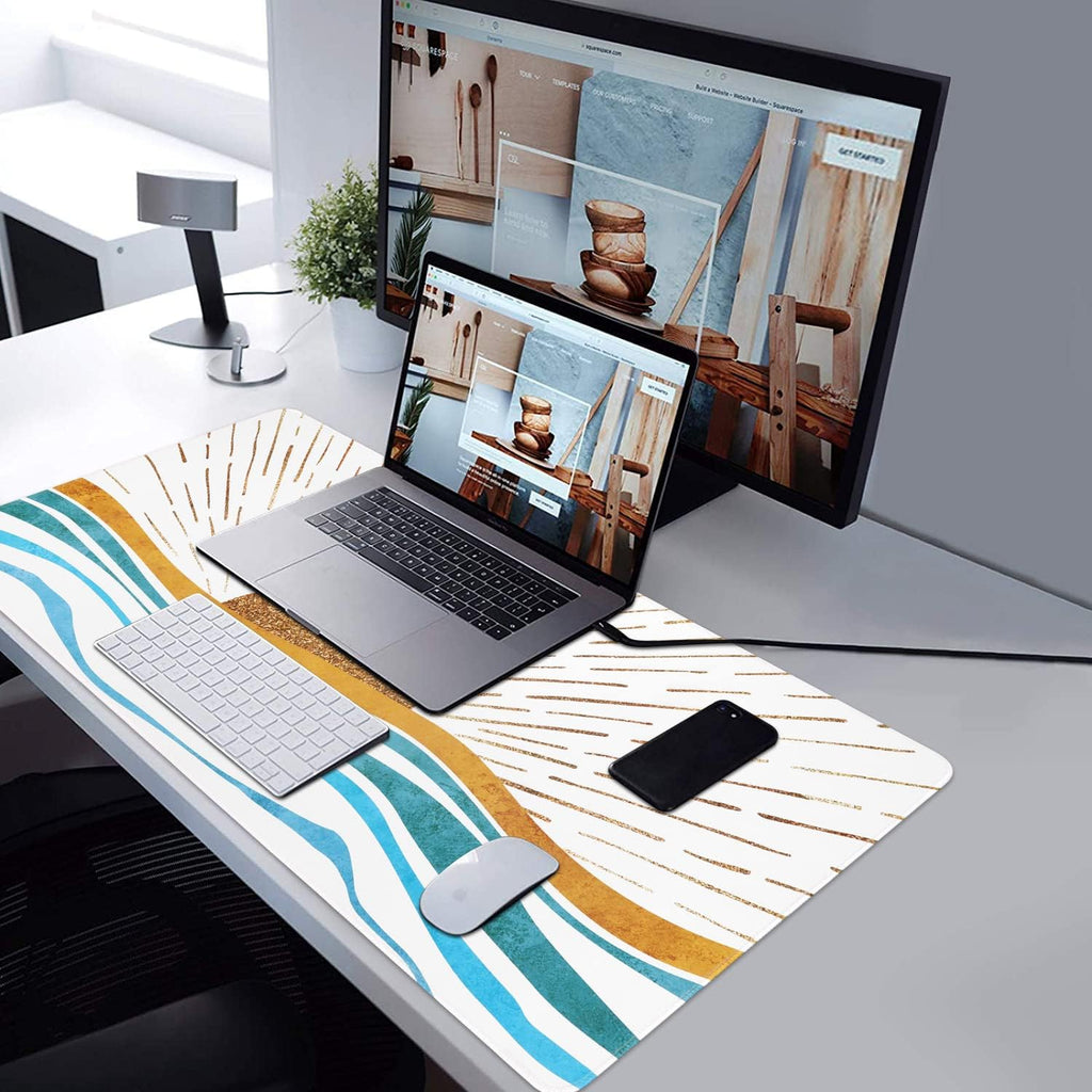 Large Gaming Mouse Pad, Non-Slip Rubber Base Water-Resistant Mousepad Desk Mat for Computer Keyboard, 35.4" X 15.75" Extended Desk Pad with Stitched Edges for Office Gaming, Golden Sun & Sea