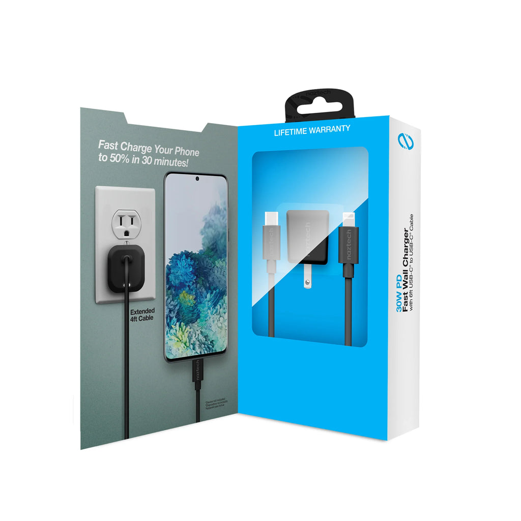 Naztech 30W PD Wall Charger + USB-C to USB-C Cable 6Ft for Traveling