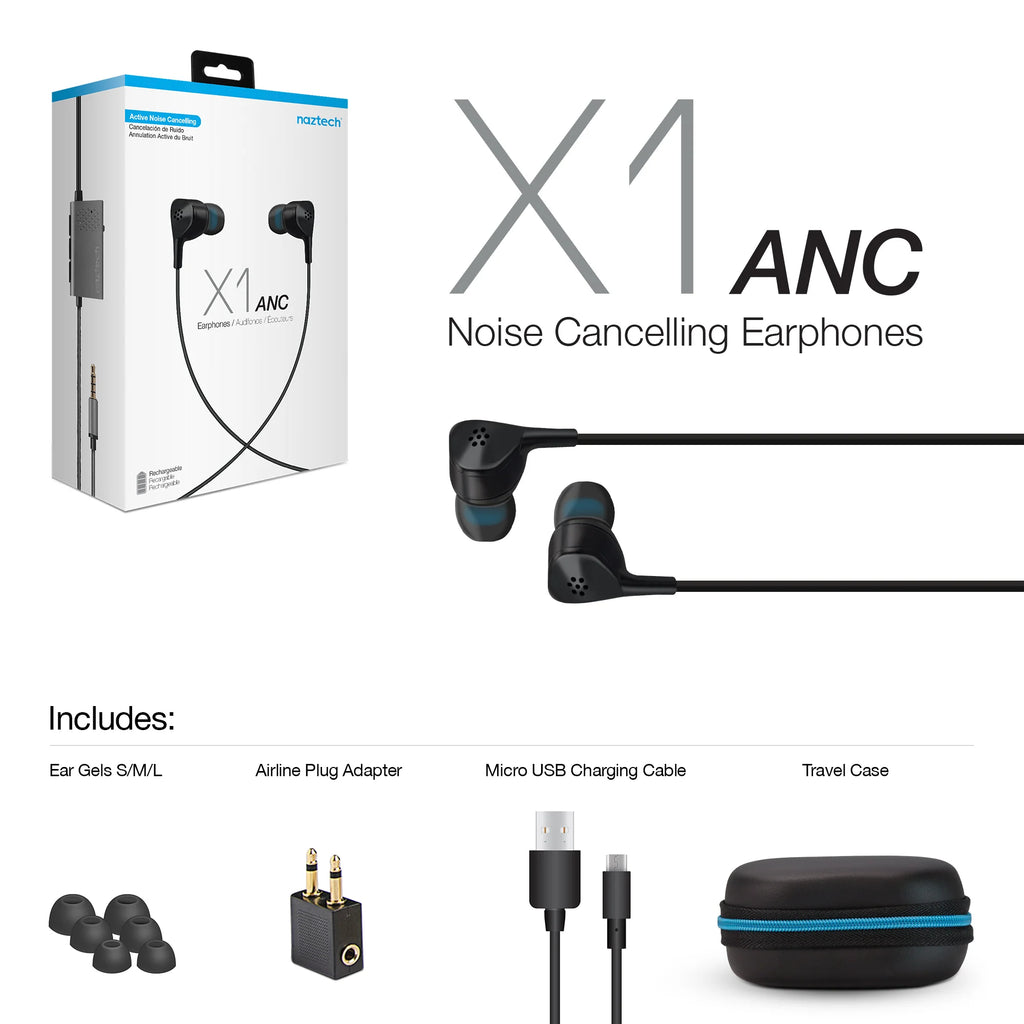 Naztech X1ANC Active Noise Cancelling Earphones 3.5Mm Black (14509-HYP)