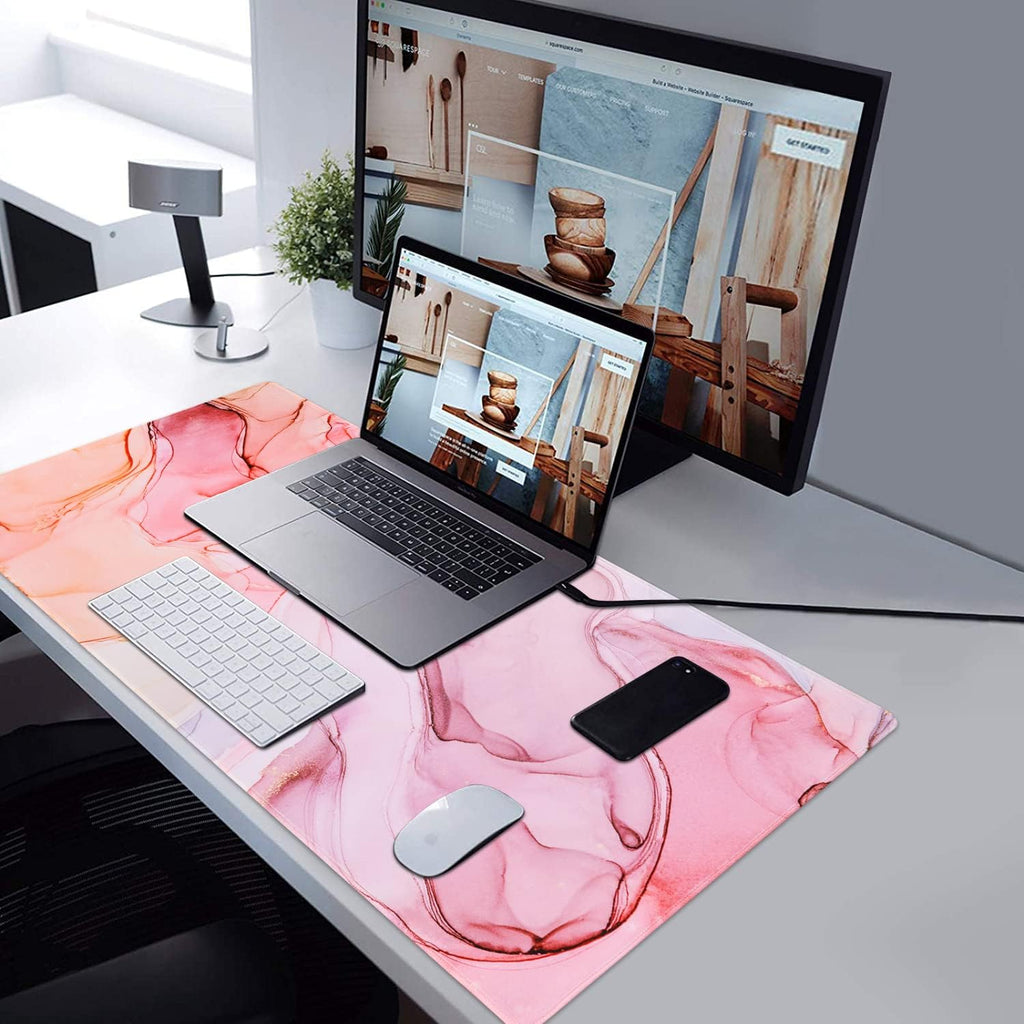 Large Gaming Mouse Pad, Non-Slip Rubber Base Water-Resistant Mousepad Desk Mat for Computer Keyboard, 35.4" X 15.75" Extended Desk Pad with Stitched Edges for Office Gaming, Pink Fog Painting
