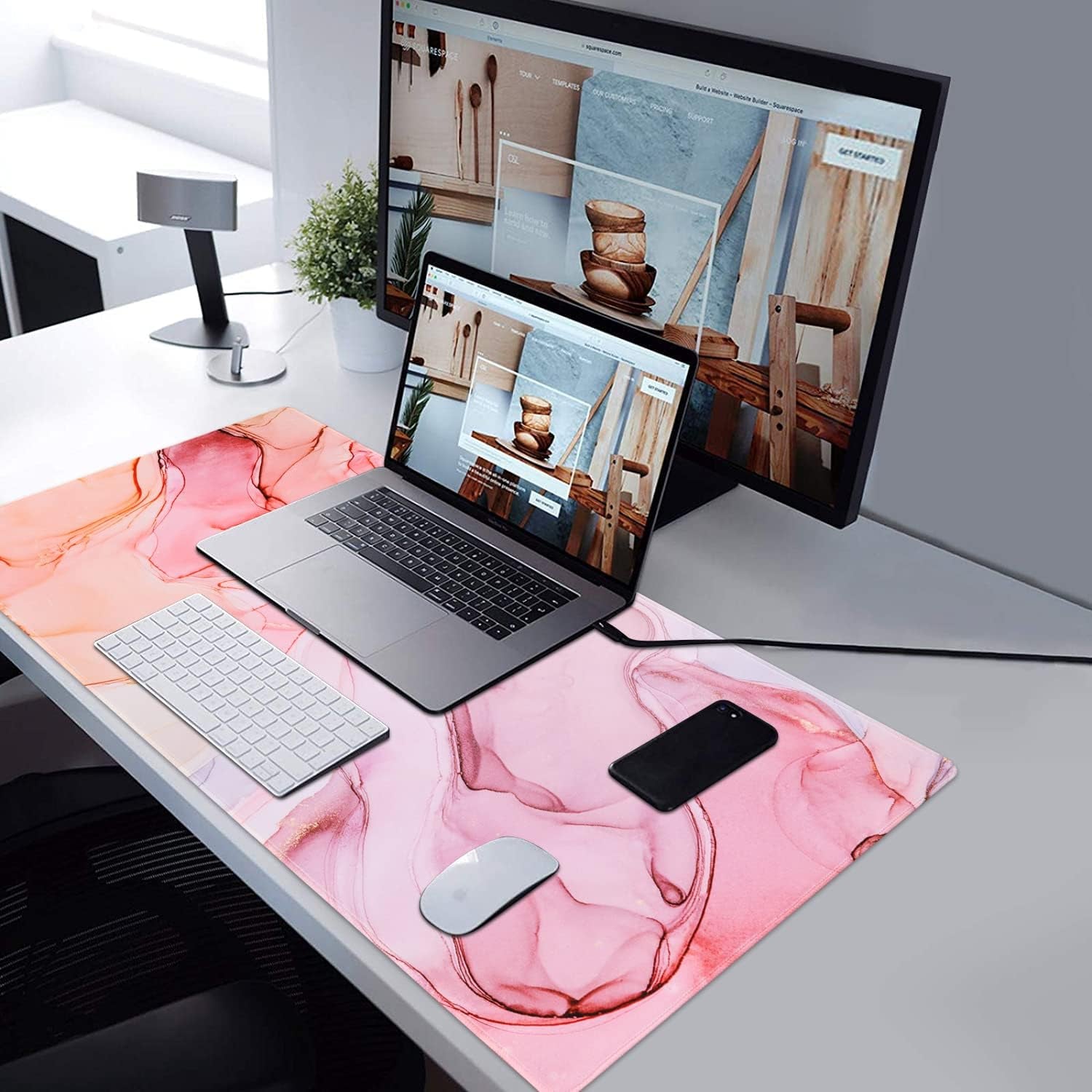 Large Gaming Mouse Pad, Non-Slip Rubber Base Water-Resistant Mousepad Desk Mat for Computer Keyboard, 35.4" X 15.75" Extended Desk Pad with Stitched Edges for Office Gaming, Pink Fog Painting