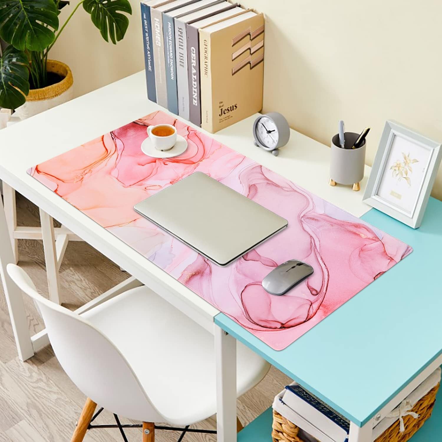 Large Gaming Mouse Pad, Non-Slip Rubber Base Water-Resistant Mousepad Desk Mat for Computer Keyboard, 35.4" X 15.75" Extended Desk Pad with Stitched Edges for Office Gaming, Pink Fog Painting