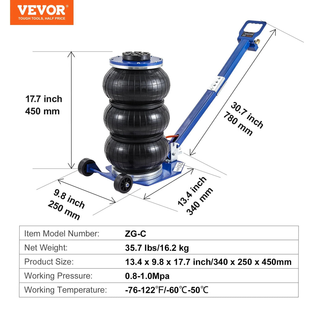 VEVOR Air Jack, 3 Ton/6600 Lbs Triple Bag Air Jack, Airbag Jack with Six Steel Pipes, Lift up to 17.7, 3-5 S Fast Lifting Pneumatic Jack, with Adjustable Long Handles for Cars, Garages, Repair (Blue)