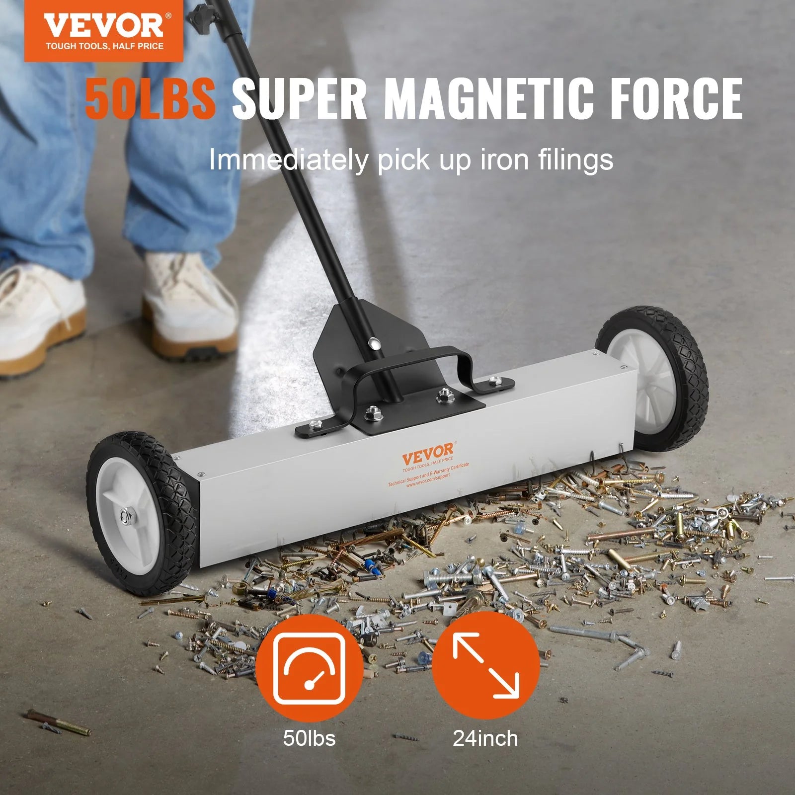 VEVOR 50Lbs Rolling Magnetic Sweeper with Wheels, Push-Type Magnetic Pick up Sweeper, 24-Inch Large Magnet Pickup Lawn Sweeper with Telescoping Handle, Easy Cleanup of Workshop Garage Yard